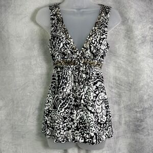Vtg Y2K Express Design Studio Babydoll Top Sz M Black White embellished silk